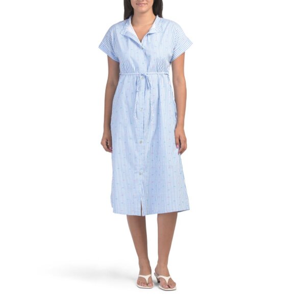 LA PICCOLA CREATIVA Italy Short Sleeve Striped Embroidered Midi Dress - Picture 1 of 2